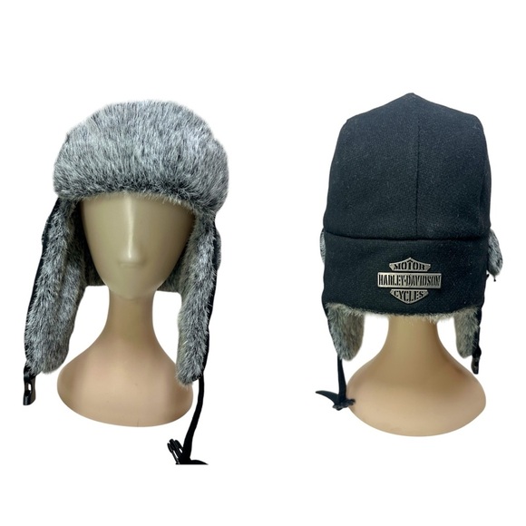 Harley Davidson Faux Fur Aviator Flap Hat Chin Buckle Biker Cap Sz L - Picture 1 of 10
